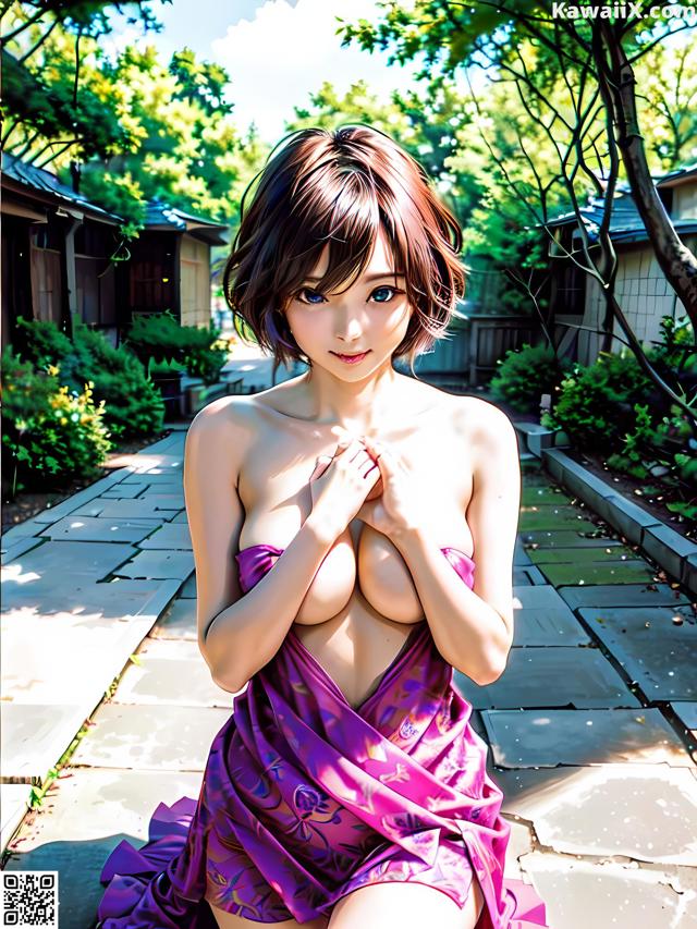 A woman in a purple dress sitting on a stone walkway.