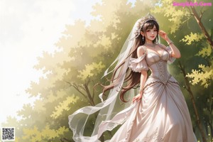 A woman in a wedding dress standing in front of a tree.