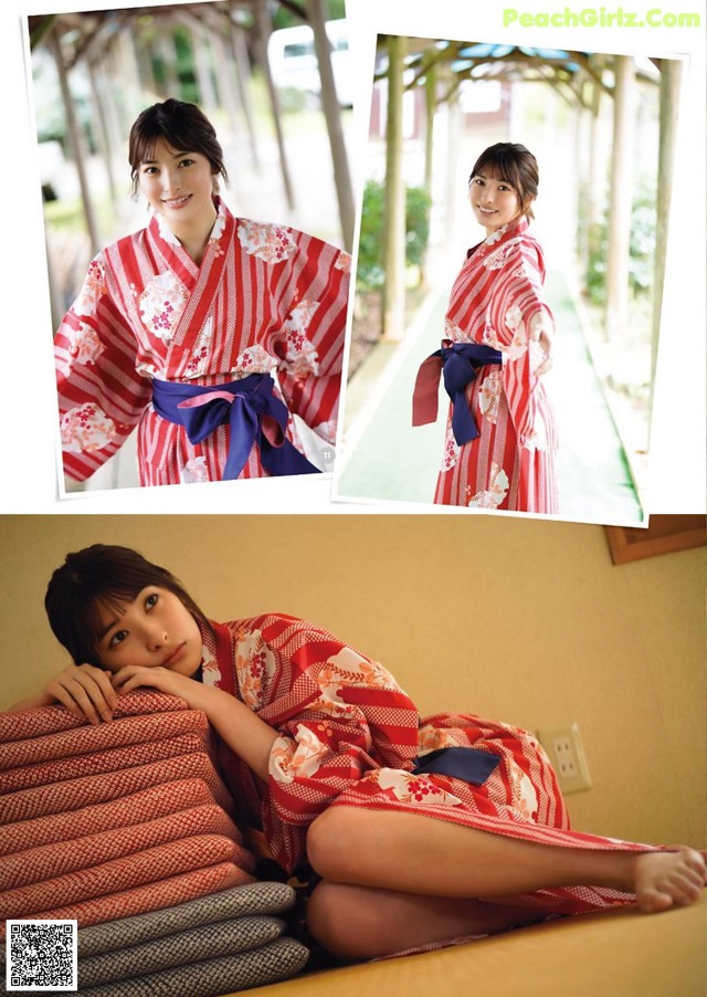 A woman in a red and white kimono sitting on a bed.