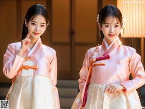 A woman in a pink and blue hanbok sitting on a bed.