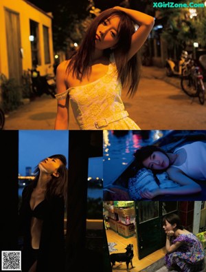 A woman sitting on top of a bed in a yellow tank top.