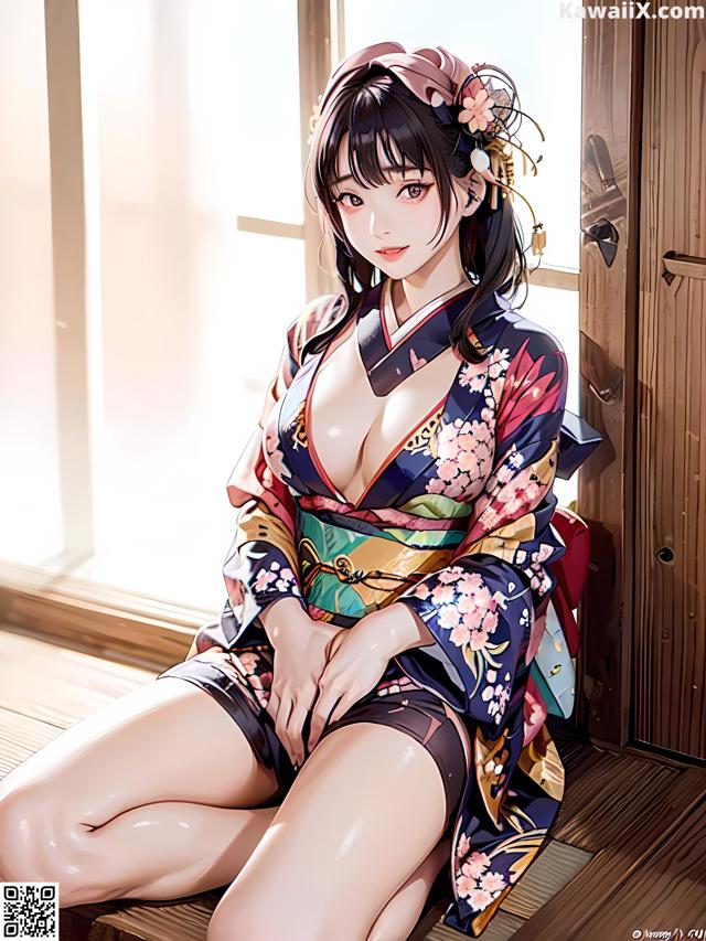 A woman in a kimono sitting on a wooden floor.