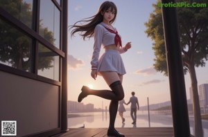 A girl in a school uniform standing on a beach.