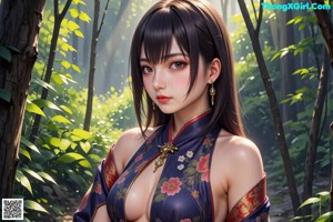 A woman in a kimono holding a sword in a forest.
