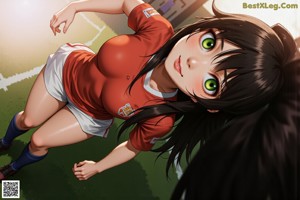 A woman in a soccer uniform standing on a soccer field.