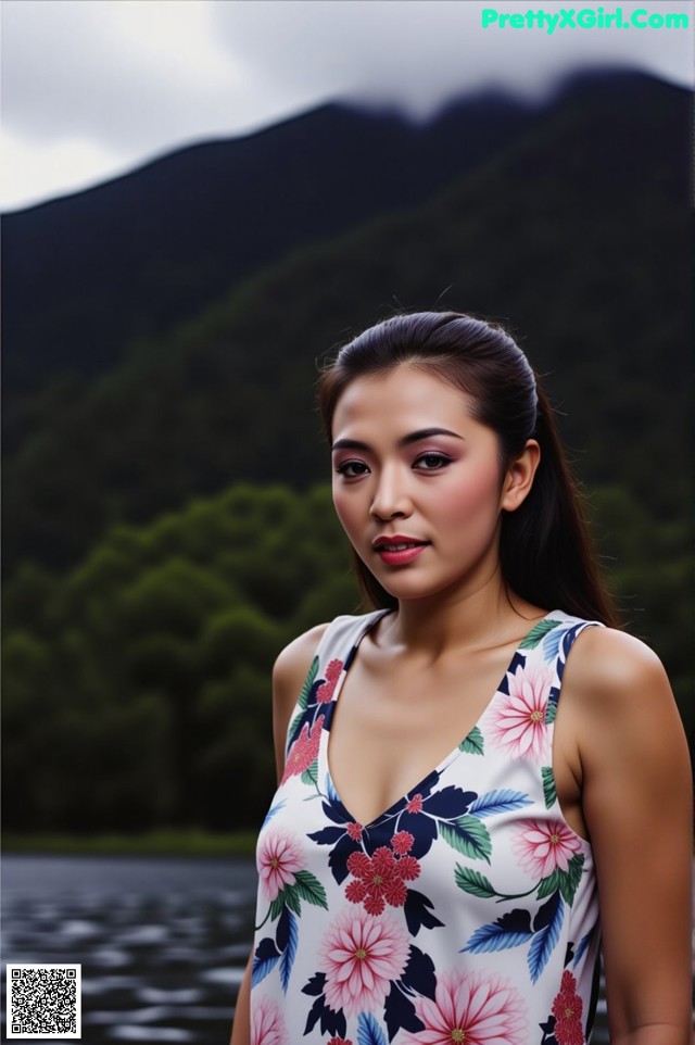 A woman in a floral dress standing by a lake.