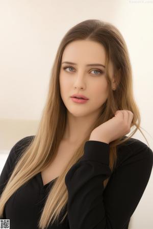 A woman in a black jacket and red tie sitting on a bed.