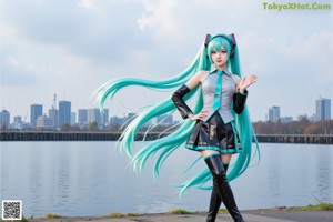 A woman with long blue hair wearing a school uniform.
