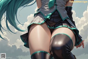 Anime girl with long green hair wearing a white skirt and boots.