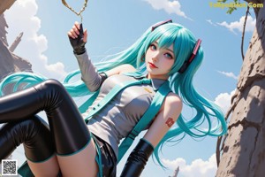 Anime girl with long green hair wearing a white skirt and boots.