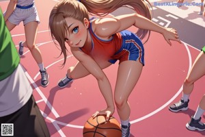 A girl in a white and yellow uniform holding a basketball.