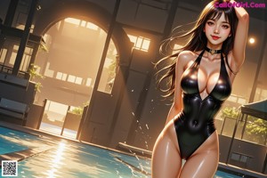 A woman in a bathing suit sitting next to a swimming pool.