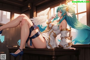 A woman with long blue hair wearing a blue dress and angel wings.