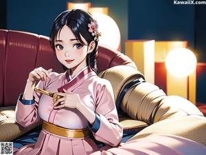 A woman in a hanbok standing in front of a television.