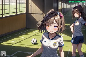 A girl with long brown hair standing in front of a soccer field.