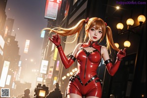 A woman in a red latex outfit holding a gun.