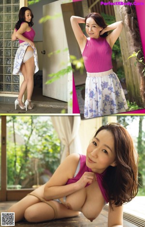 A woman in a pink top and white skirt sitting on a bench.