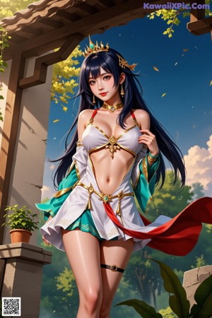 A woman in a bikini with a crown on her head.