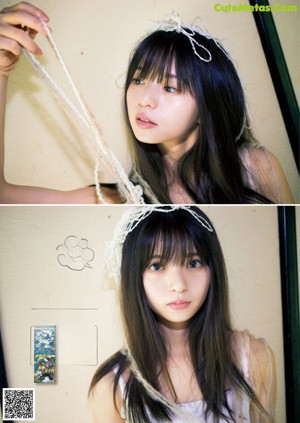 A woman in a white dress standing in front of a door.