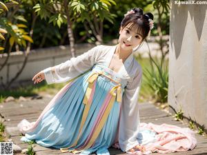 A woman wearing a pink and blue hanbok standing in front of flowers.