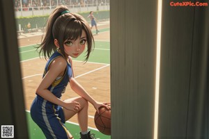 A woman in a blue and white uniform holding a basketball.