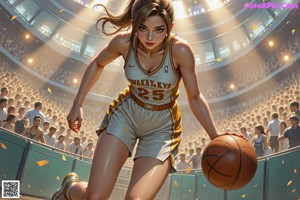 A woman holding a basketball on a basketball court.