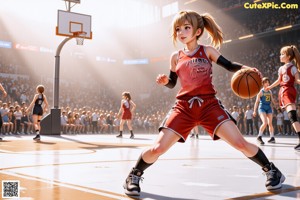 A woman in a blue and white uniform holding a basketball.