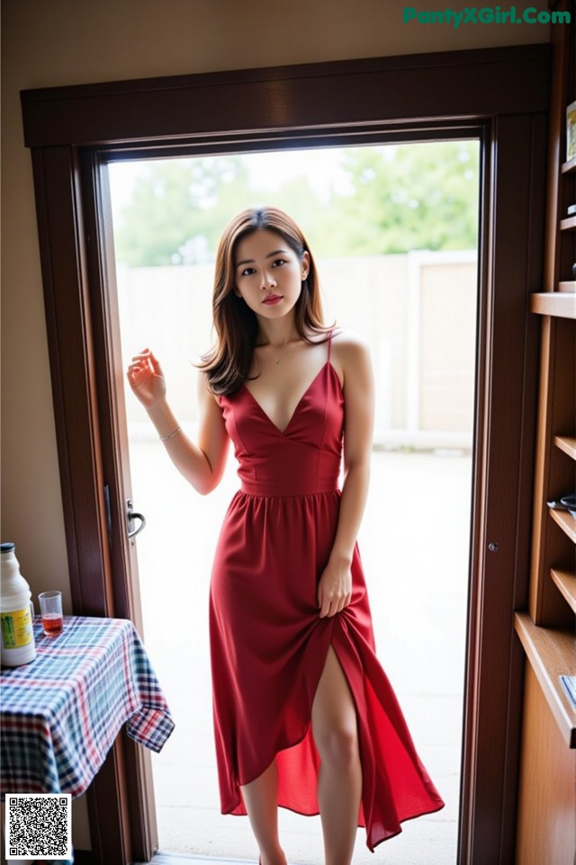 A woman in a red dress standing in front of a door.