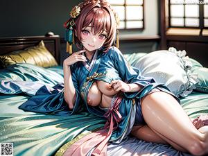 A woman in a kimono sitting on a bed.