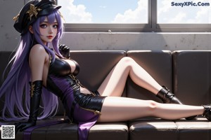 A woman in a purple and black outfit sitting on a window sill.