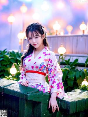 A woman in a blue kimono posing for the camera.