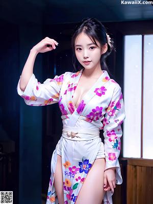 A woman in a pink kimono posing for a picture.