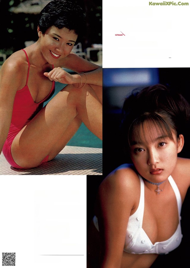 A woman in a red bathing suit sitting next to a pool.