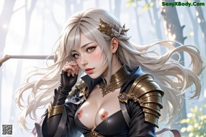 A woman with long white hair and pointed ears holds a sword, dressed in a white and gold outfit.