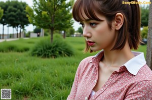 A woman in a white tank top is posing for a picture.