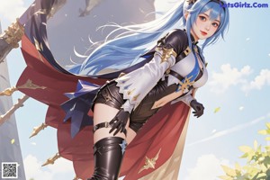 A woman with long blue hair standing in a room.