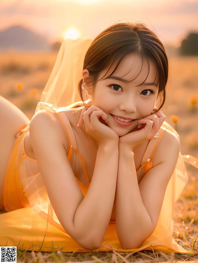 A woman in a yellow dress laying on the ground.