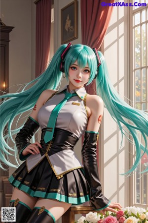 A woman with blue hair wearing a white top and black gloves.