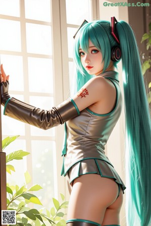 A woman with long blue hair wearing a white shirt and black skirt.