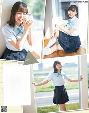 A young woman in a school uniform posing for a magazine.
