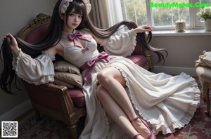 A woman in a maid outfit sitting on a bench.