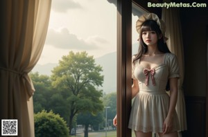 A woman in a maid outfit posing by a window.