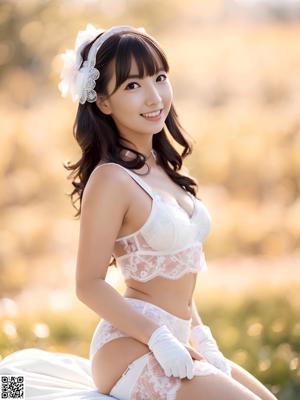 A woman in a white lingerie posing for a picture.