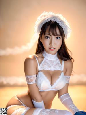 A woman in a white bra sitting on a bed.