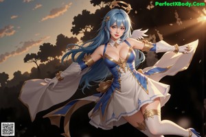 A woman with long blue hair standing in front of a door.