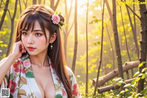 A woman in a yellow kimono is posing naked in the woods.