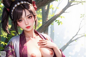 A woman in a yellow kimono is posing in the woods.