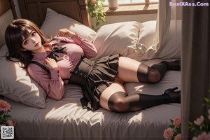 a woman in a pink shirt and black stockings sitting on a bed