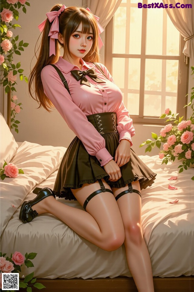 A woman in a pink shirt and black skirt sitting on a bed.