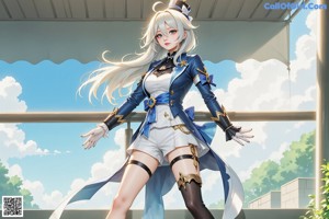 A woman in a blue and white outfit holding a sword.